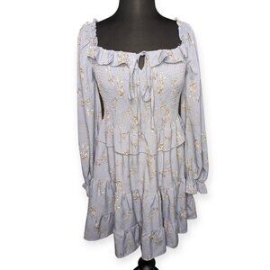 She + Sky Elegant Blue Floral Long Sleeve Dress w/ Ruffles Square Neck Size L